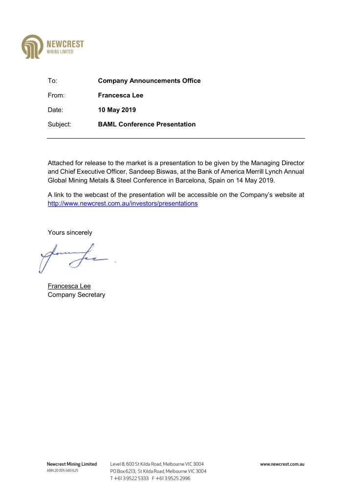 to company announcements office from francesca lee date