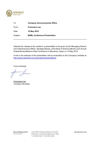 To:  Company Announcements Office  From:  Francesca Lee  Date: 10 May 2019  Subject:  BAML