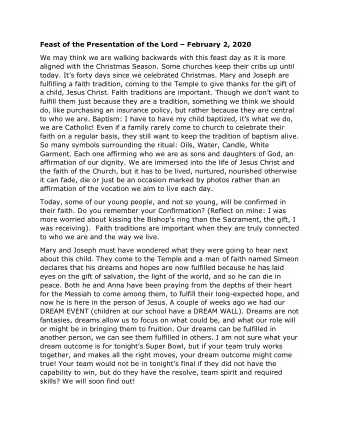 Feast of the Presentation of the Lord  February 2, 2020  We may think we are walking backwards