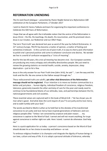 REFORMATION UNENDING The EU and Church dialogue  presented by Pastor Raafat Kamal at a