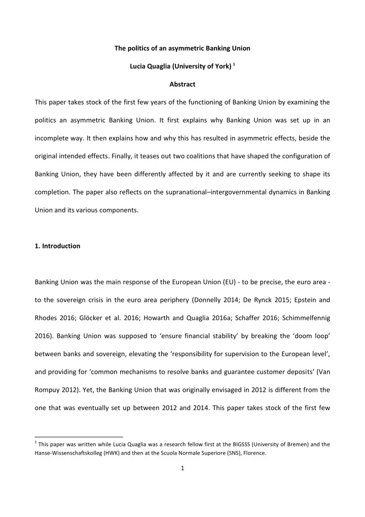 the politics of an asymmetric banking union lucia quaglia