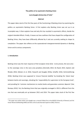 The politics of an asymmetric Banking Union Lucia Quaglia (University of York) 1 Abstract  This