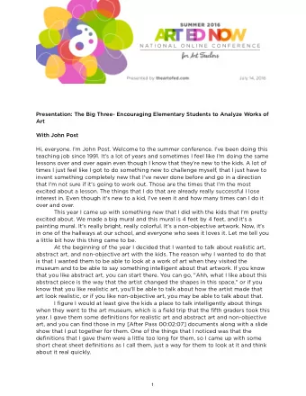 Presentation: The Big Three- Encouraging Elementary Students to Analyze Works of  Art  With John