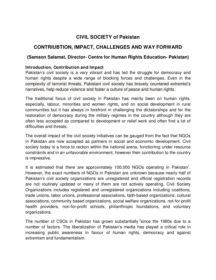 civil society of pakistan contriubtion impact challenges