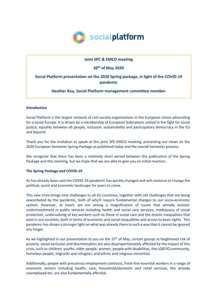 joint spc emco meeting 20 th of may 2020 social platform