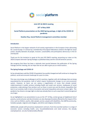 Joint SPC &amp; EMCO meeting 20 th of May 2020  Social Platform presentation on the 2020 Spring