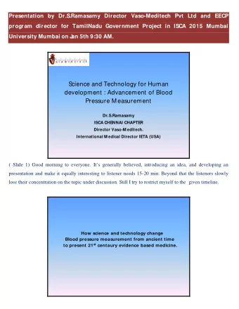 Science and Technology for Human  development : Advancement of Blood  Pressure M easurement