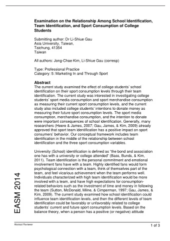 EASM 2014  Individuals characterized with high team identification would be more  involved with a