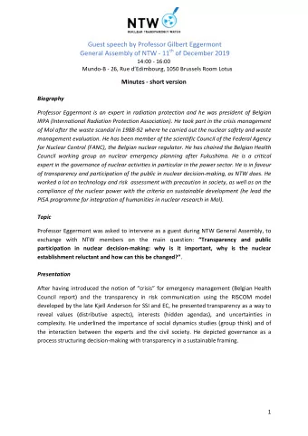 Guest speech by Professor Gilbert Eggermont General Assembly of NTW - 11 th of December 2019  14:00