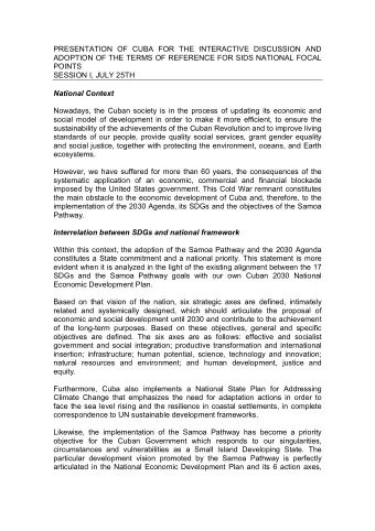 PRESENTATION OF CUBA FOR THE INTERACTIVE DISCUSSION AND  ADOPTION OF THE TERMS OF REFERENCE FOR