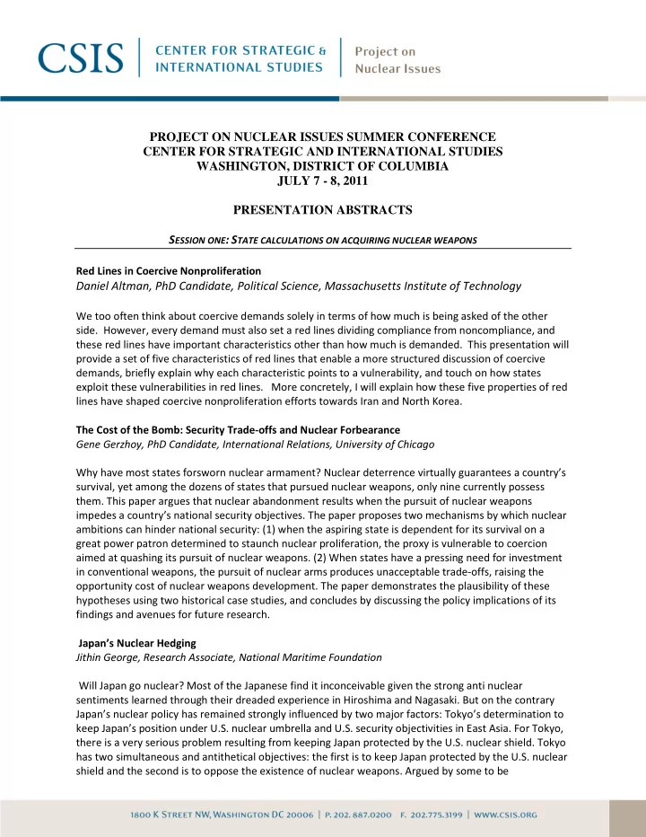project on nuclear issues summer conference center for