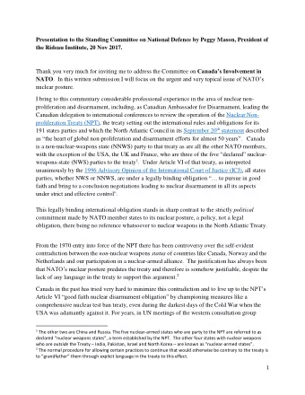 Presentation to the Standing Committee on National Defence by Peggy Mason, President of  the Rideau