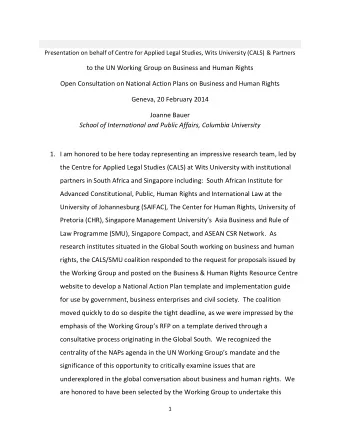 Presentation on behalf of Centre for Applied Legal Studies, Wits University (CALS) &amp; Partners