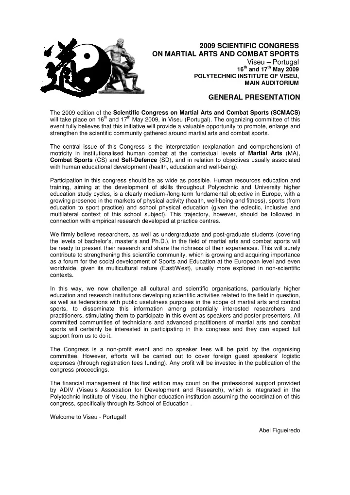 2009 scientific congress on martial arts and combat