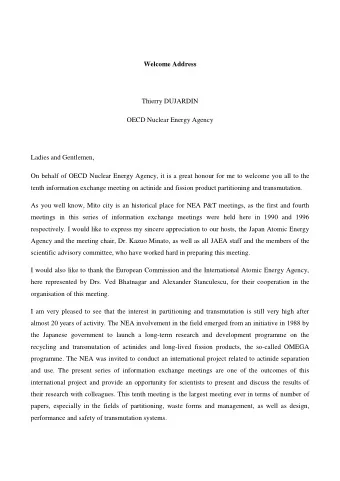 Welcome Address  Thierry DUJARDIN  OECD Nuclear Energy Agency  Ladies and Gentlemen,  On behalf of