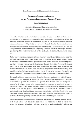 E XPANDING S CIENCE AND R ELIGION IN THE P LURALISTIC L ANDSCAPE OF T ODAY  S W ORLD  Zainal
