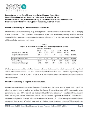 Presentation to the New Mexico Legislative Finance Committee: General Fund Consensus Revenue