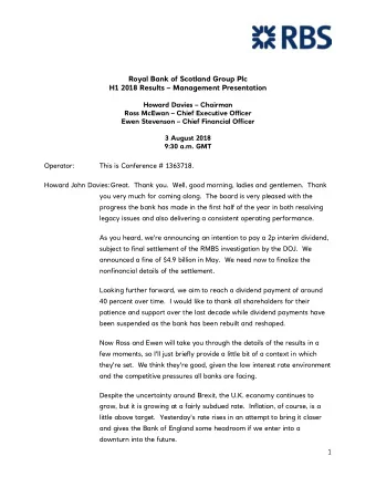 Royal Bank of Scotland Group Plc  H1 2018 Results  Management Presentation  Howard Davies