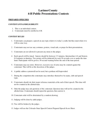 LarimerCounty  4-H Public Presentations Contests PREPARED SPEECHES CONTESTANTSANDELIGIBILITY 1.