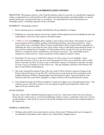 TEAM PRESENTATION CONTEST  OBJECTIVES: The primary objective of the Team Presentation contest is to