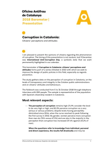 2018 Barometer |  Presentation  Corruption in Catalonia:  Citizens perceptions and attitudes  I