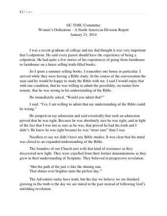 GC TOSC Committee Womens Ordination  A North American Division Report  January 21, 2014  I