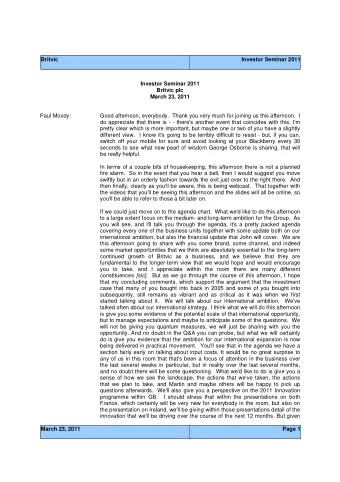 Britvic  Investor Seminar 2011  Investor Seminar 2011  Britvic plc  March 23, 2011  Paul Moody: