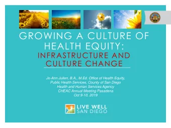 HEALTH EQUITY:  INFRASTRUCTURE AND  CULTURE CHANGE  Jo-Ann Julien, B.A., M.Ed. Office of Health