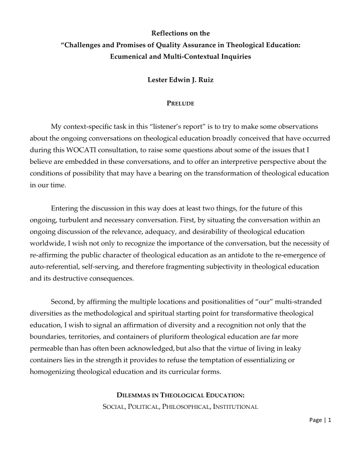 reflections on the challenges and promises of quality