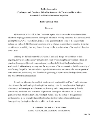 Reflections on the  Challenges and Promises of Quality Assurance in Theological Education: