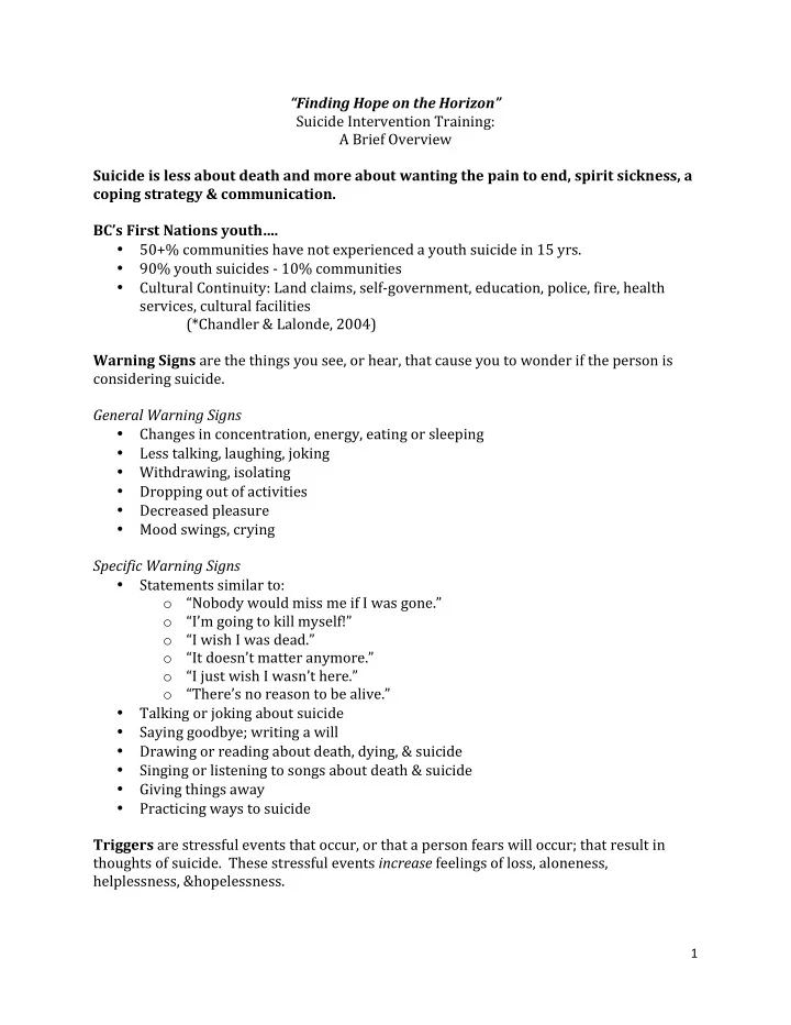 finding hope on the horizon suicide intervention training