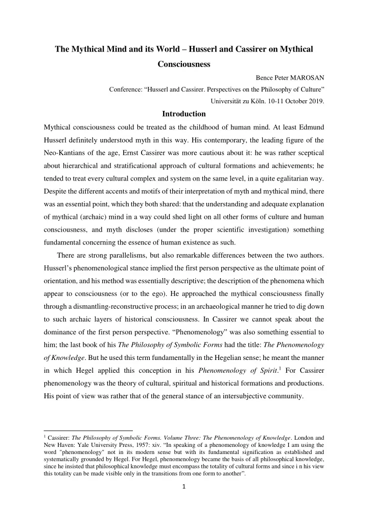 the mythical mind and its world husserl and cassirer on