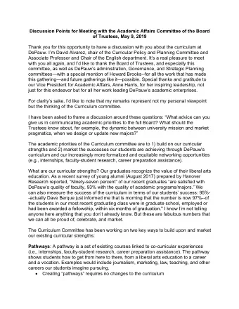 Discussion Points for Meeting with the Academic Affairs Committee of the Board  of Trustees, May 9,