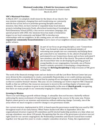 Missional Leadership: A Model for Governance and Ministry  Church Council Presentation by Pastor