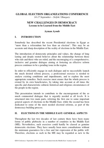 GLOBAL ELECTION ORGANIZATIONS CONFERENCE  14-17 September  Sifok / Hungary  NEW CHALLENGES IN