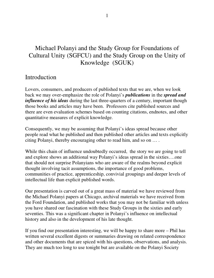 michael polanyi and the study group for foundations of
