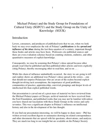 Michael Polanyi and the Study Group for Foundations of  Cultural Unity (SGFCU) and the Study Group