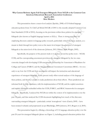 Why Current Reforms Again Fail Emergent Bilinguals: From NCLB to the Common Core  American