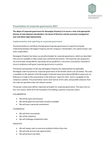 Presentation of corporate governance 2017  The object of corporate governance for Norwegian