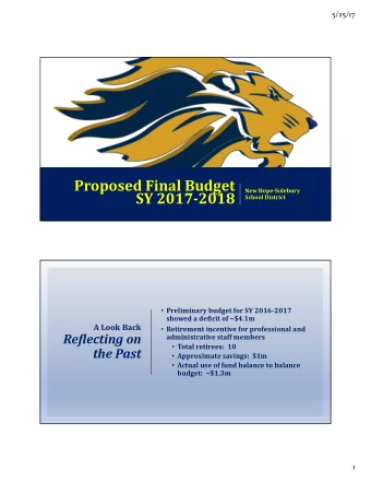 Proposed Final Budget  New Hope-Solebury  SY 2017-2018  School District  Preliminary budget for