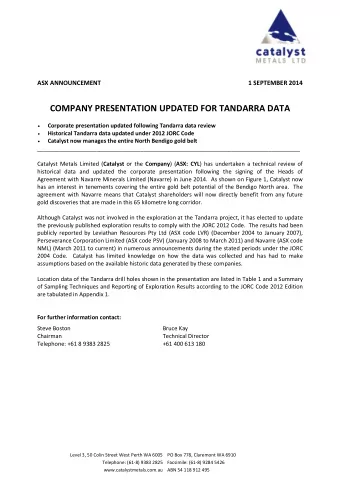 COMPANY PRESENTATION UPDATED FOR TANDARRA DATA   Corporate presentation updated following