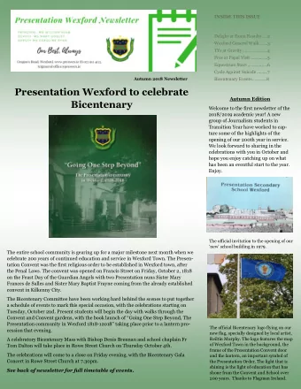 Presentation Wexford to celebrate Autumn Edition Bicentenary  Welcome to the first newsletter of