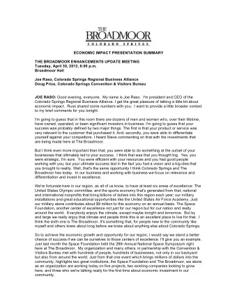 ECONOMIC IMPACT PRESENTATION SUMMARY  THE BROADMOOR ENHANCEMENTS UPDATE MEETING  Tuesday, April