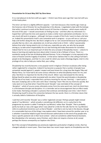 Presentation for St Jacut May 2017 by Clare Amos  It is a real pleasure to be here with you again