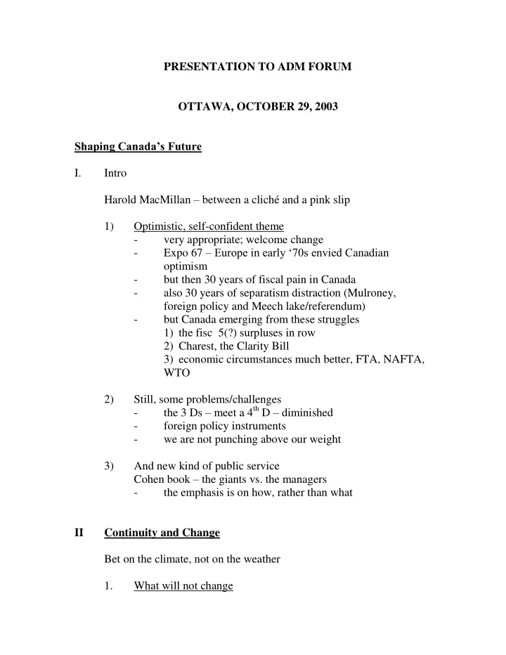 presentation to adm forum ottawa october 29 2003 shaping
