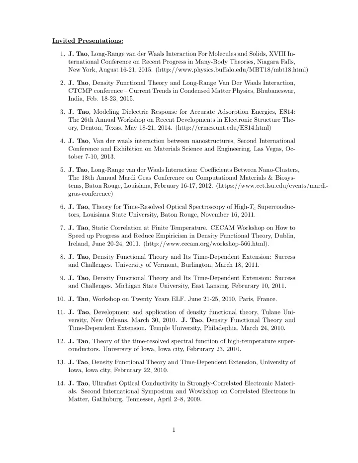 invited presentations 1 j tao long range van der waals