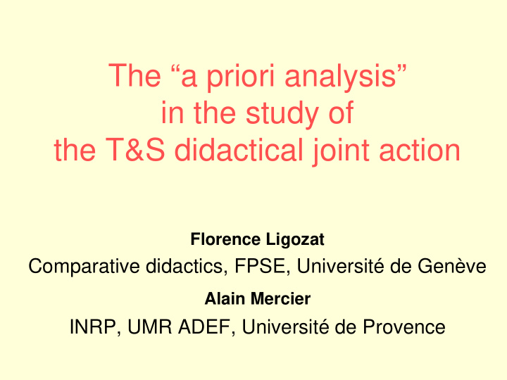 the a priori analysis in the study of the t s didactical