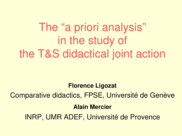 the a priori analysis in the study of the t s didactical
