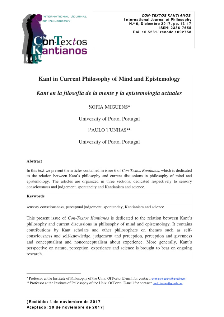 kant in current philosophy of mind and epistemology kant