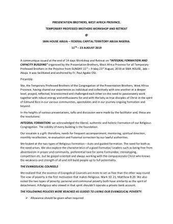 PRESENTATION BROTHERS, WEST AFRICA PROVINCE.  TEMPORARY PROFESSED BROTHERS WORKSHOP AND RETREAT  @